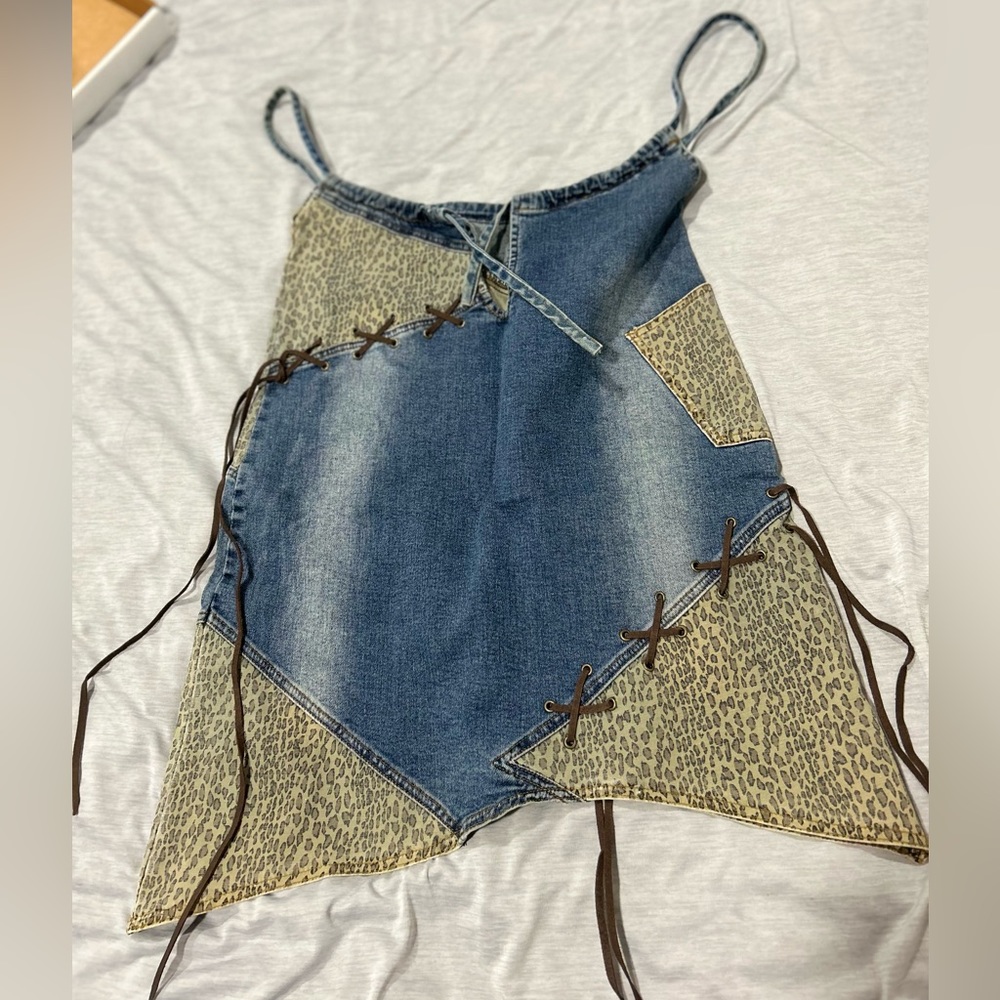 Vintage blue denim animal print asymmetrical patchwork baggy top mini dress